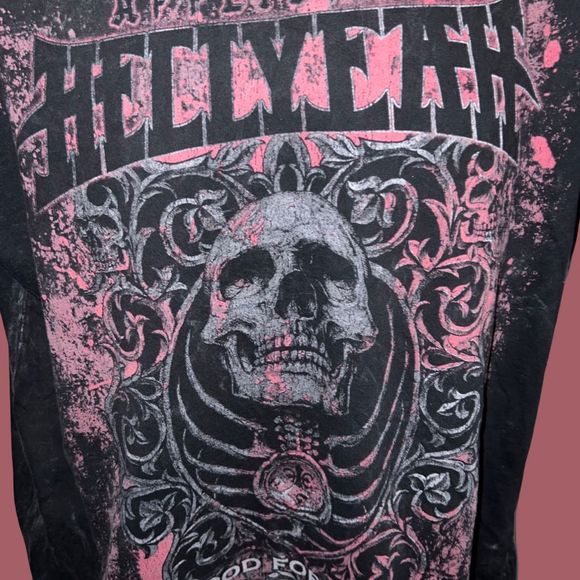 Affliction Black/Pink Affliction Skull Graphic “Hell Yeah”  T Shirt Size XL - Picture 2 of 4